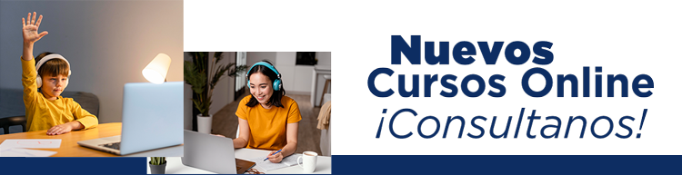 texto nuevos cursos ingles online, más 2 fotos con personas haciendo los cursos de ingles online desde computadoras